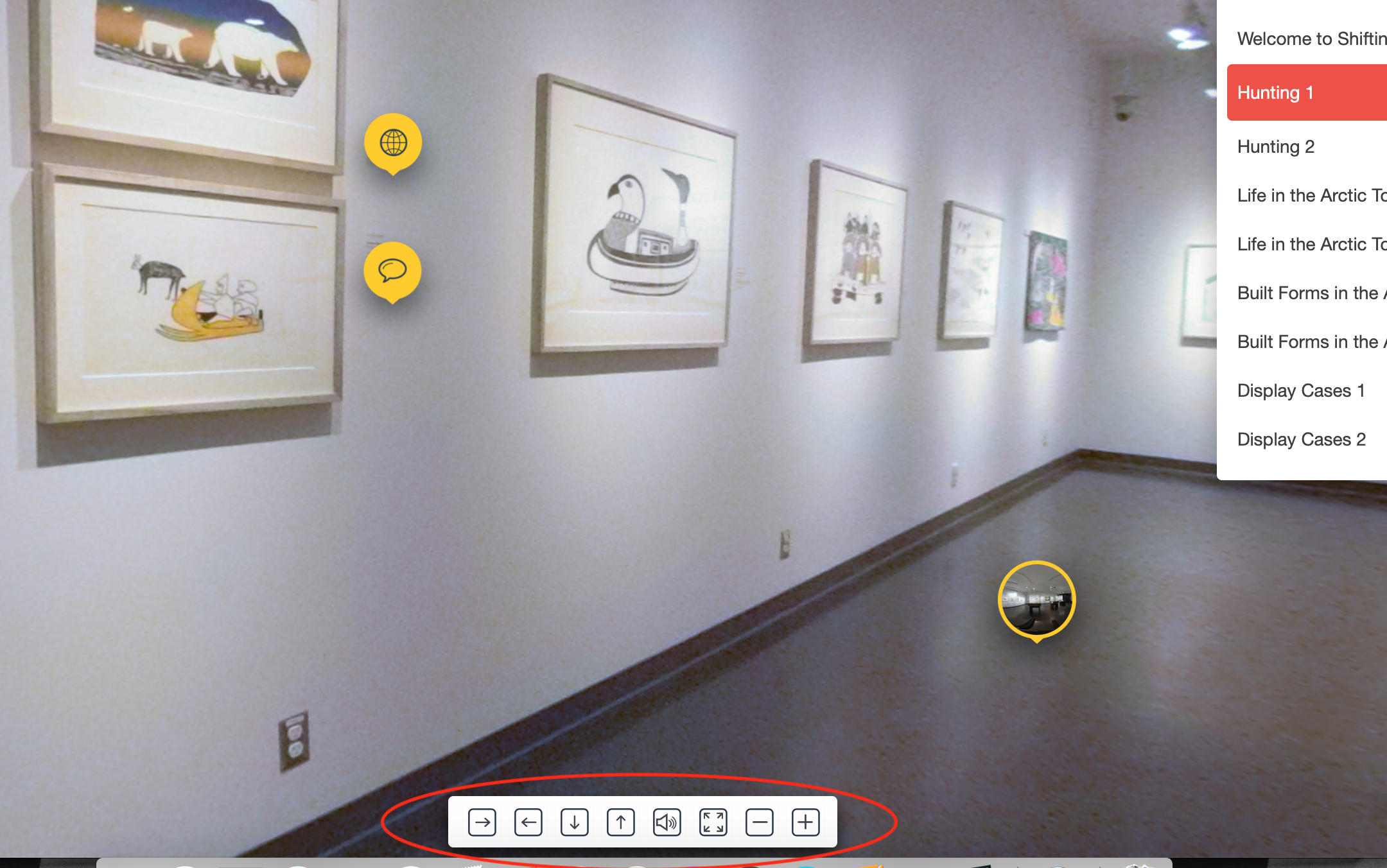Screenshot of the VR tour for "Shifting Geographies" with the bottom centre control panel circled