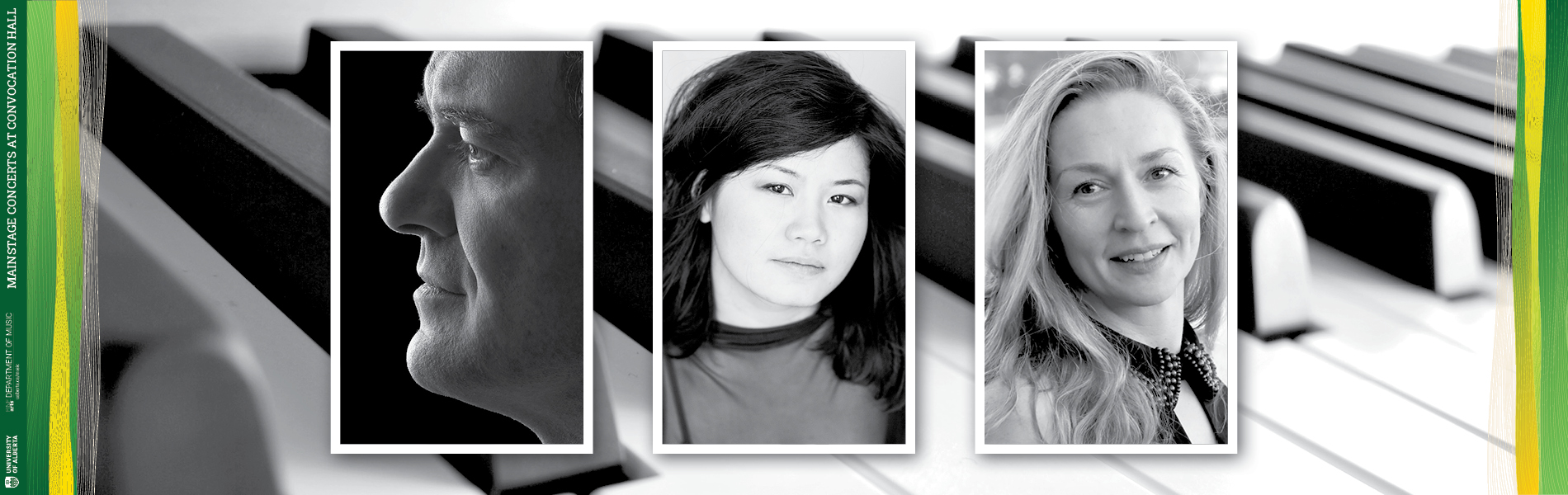 Black and white photograph of a pianbo keyboard with the headshots of the three performers overlayed on top