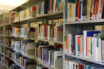 Books on the shelves of the Reading Room