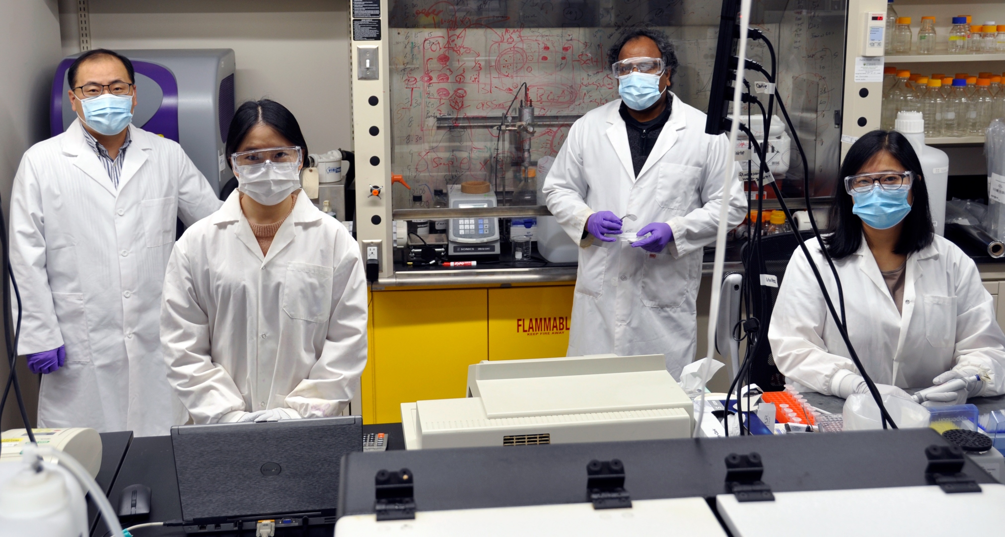 U of A engineering researcher Hyo Jick-Choi (left) and his lab team will focus on manufacturing prototype salt-coated masks and respirators, or a salt-coated filter that is easy to produce and reusable. (Photo: Michael Brown)