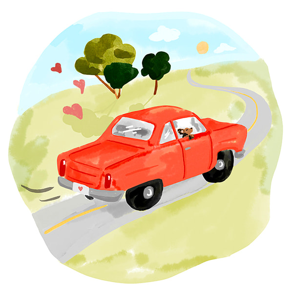 Illustration of a red car driving along a country road,by Sabina Fenn