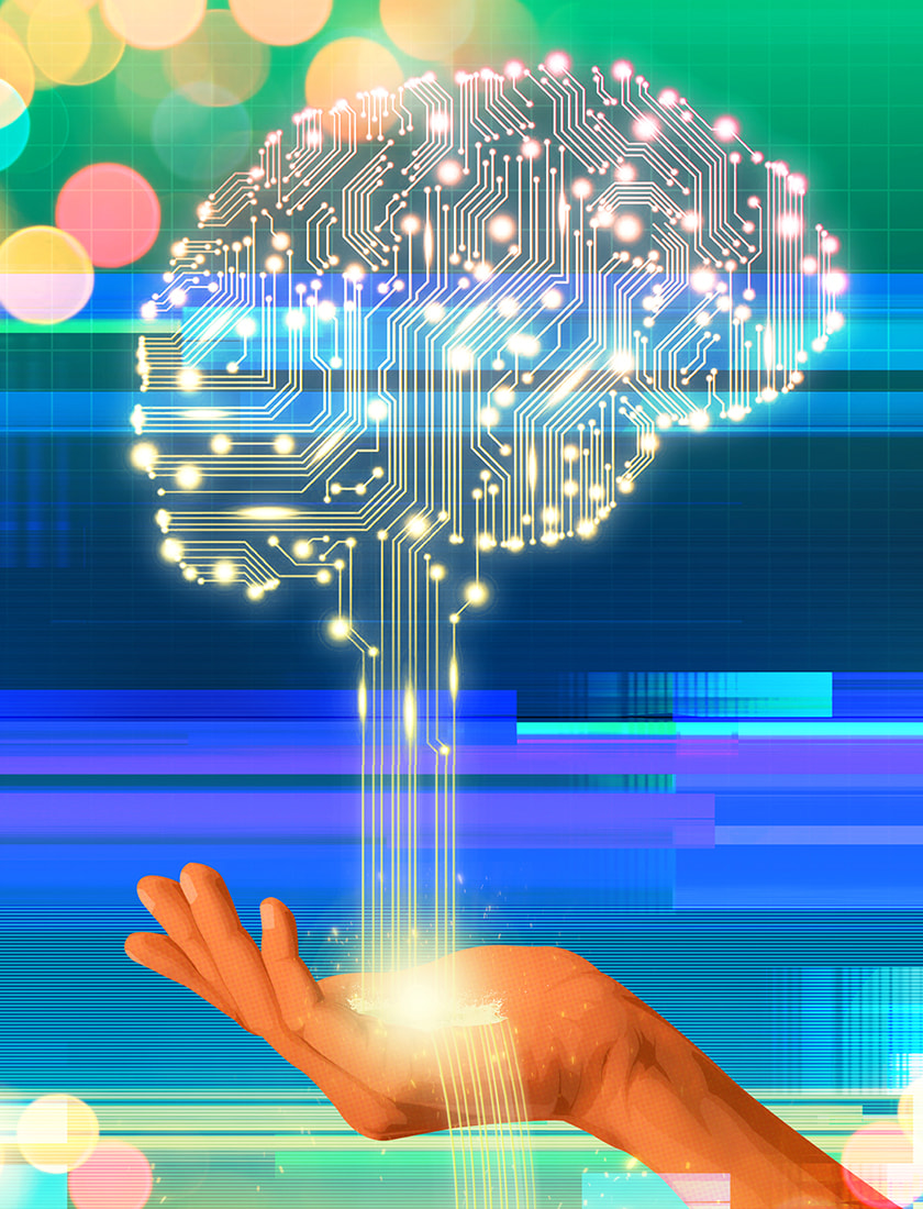 An illustrated hand holding circuitry in the shape of a brain