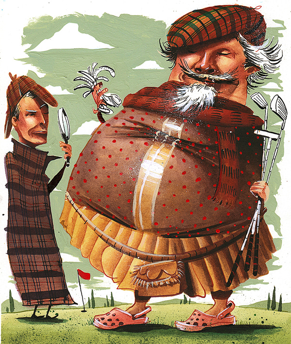 Illustration of two men playing golf, one is a large Falstaffian character, the other is wearing a cloak and hat, resembling Sherlock Holmes