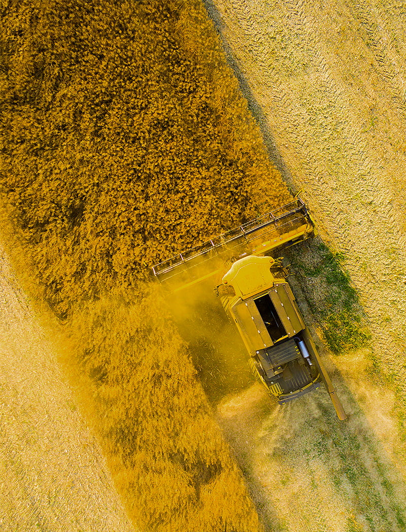 Aerial photo of a combine harvester in a rapeseed field