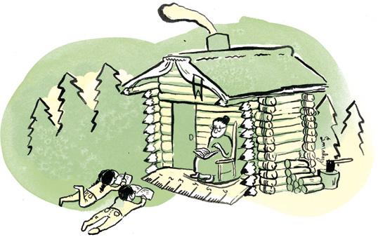 Illustration of a mother sitting in front of a log cabin reading to her two children