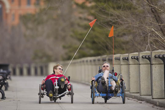 Couple on recumbant bicycles