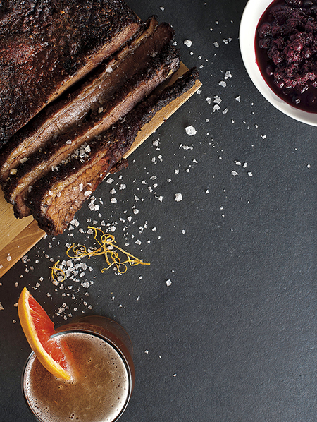 Beef briquette with fruit beer and saskatoon berry compote