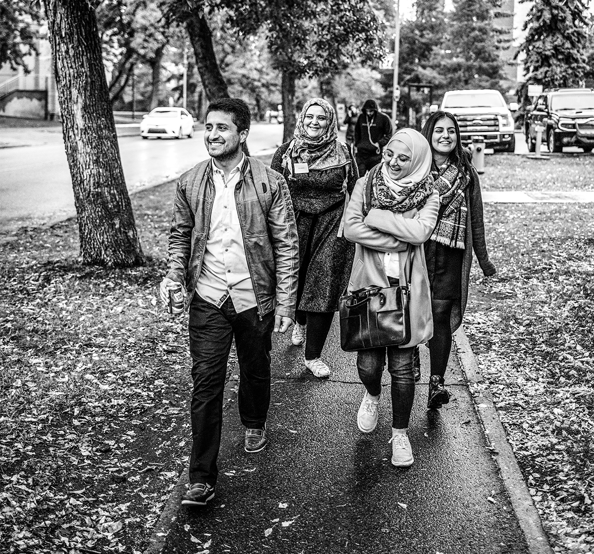 Syrian students walking down the street