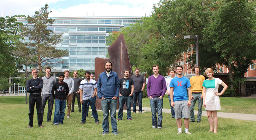 John Davis research group (left to right): Dylan Darnell, Hugh Ramp, Tushar Biswas, Pearse Doolin, Callum Doolin, Md. Ruhul Amin, Allison MacDonald, John P. Davis, Brad Hauer, Greg Popowich, Clinton Potts, Paul Kim, Tommy Clark, Fabien Souris, Holly Christiani. Photo by Ross Lockwood.