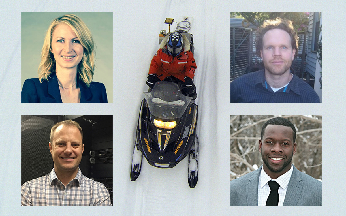 Geophysics alumni (clockwise) Cindy Koning, Kevin Hayley, Karl Mome, Aaron Stanton, and (background) Cassandra Budd.