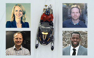 Geophysics alumni (clockwise) Cindy Koning, Kevin Hayley, Karl Mome, Aaron Staonton, and (background) Cassandra Budd.