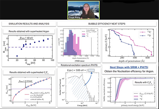 Freya Wang gave a winning poster presentation of her work on the role of different bubble chambers in determining whether incoming particles may be dark matter and how frequently they may reach Earth.