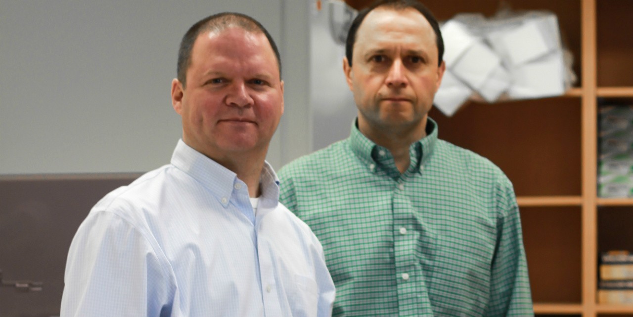 Matthias Götte (left) and Egor Tchesnikov are part of a research team that found remdesivir, a drug created to treat Ebola infection, is effective in stopping a key enzyme of the coronavirus that causes COVID-19. (Photo: Melissa Fabrizio)