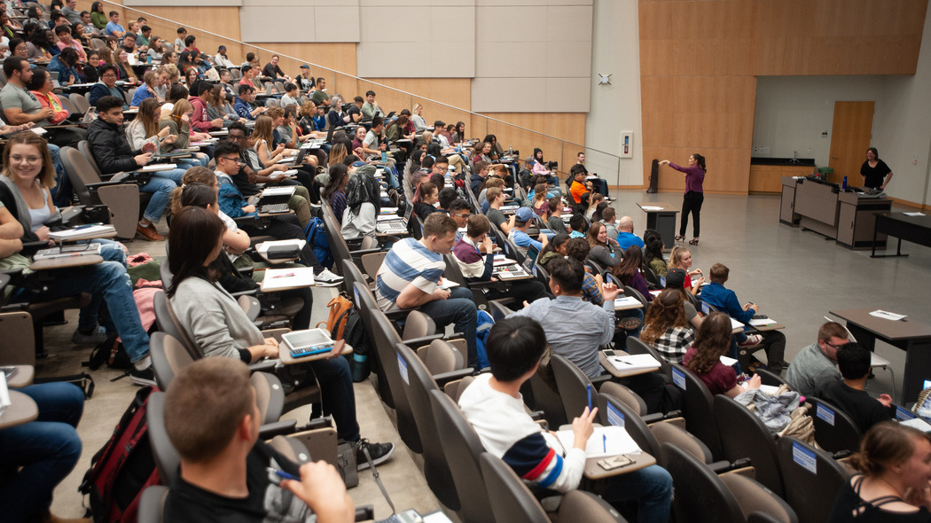 An instructor teaches in the CCIS lecture theatre to a room full of students.