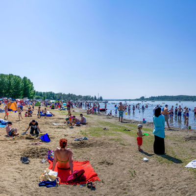 People swimming at Wabamun Lake, Alberta.