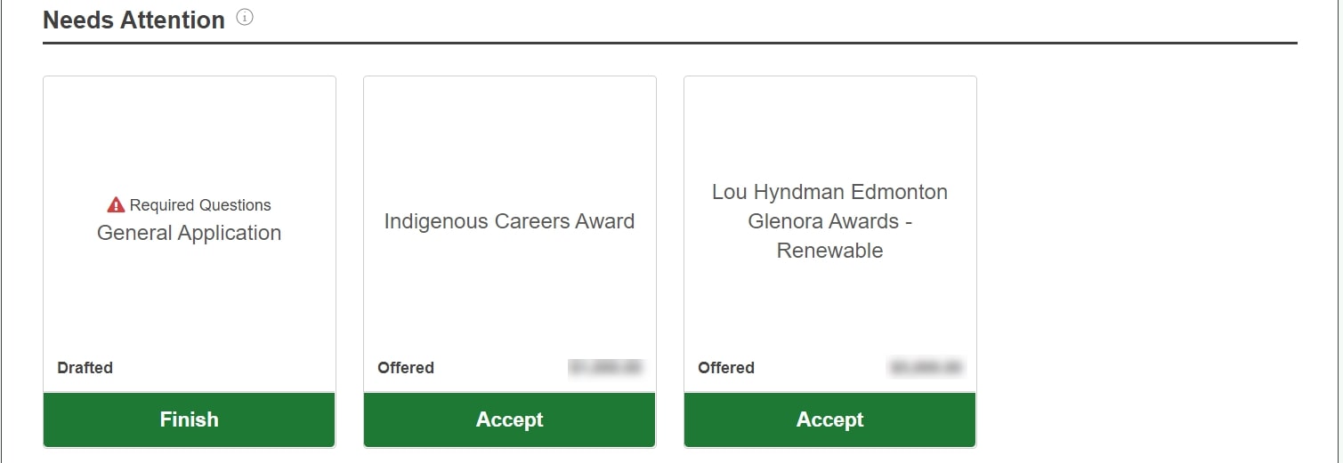 Image of the "Needs Attention" section that shows required actions, which may include required questions, award offers awaiting acceptance, or post-acceptance questionnaires that must be completed.