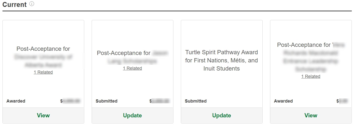 Image of the "Current" section, which contains other awards applications and records from the current cycle that you have submitted with no additional required action.