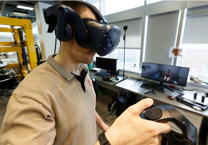 Brendan Concannon, Faculty of Rehabilitation Medicine master student, demonstrates a virtual reality setup that simulates mock patient interviews that are normally played by an actor during the students' Objective Structured Clinical Exam at the University of Alberta in Edmonton, on Friday, June 14, 2019. Photo by Ian Kucerak /Postmedia