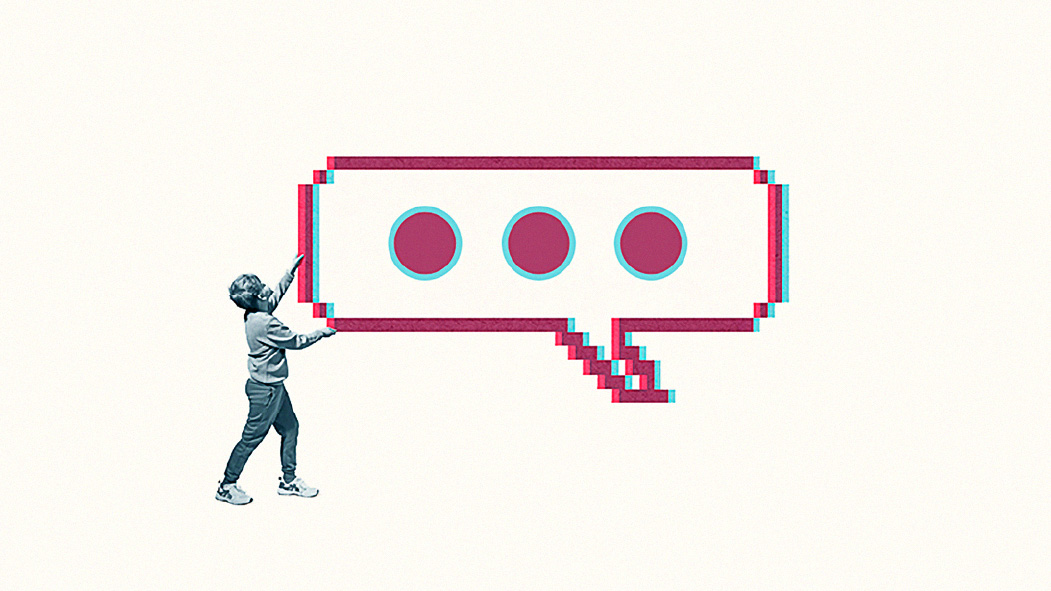 An illustration of someone holding up a digital speech bubble.