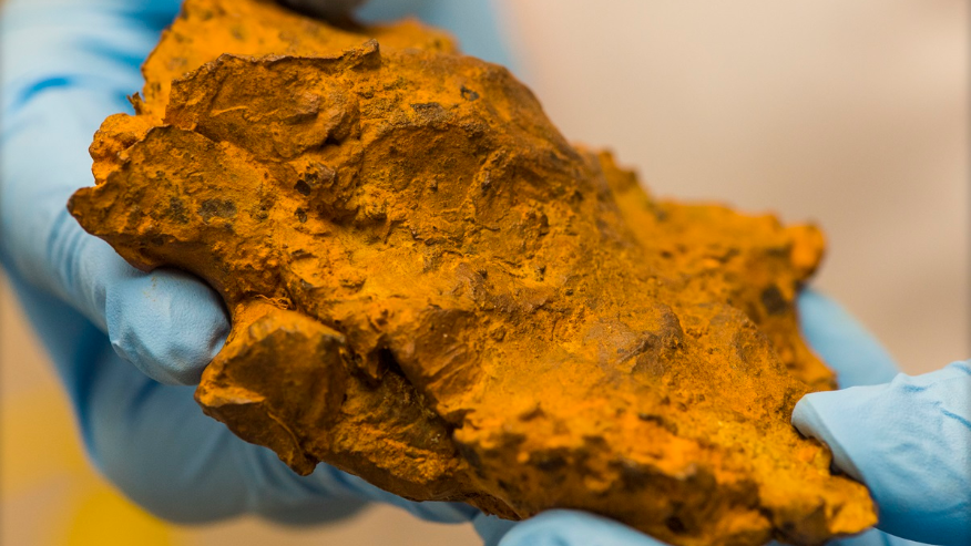 Closeup of a red meteorite in gloved hands.