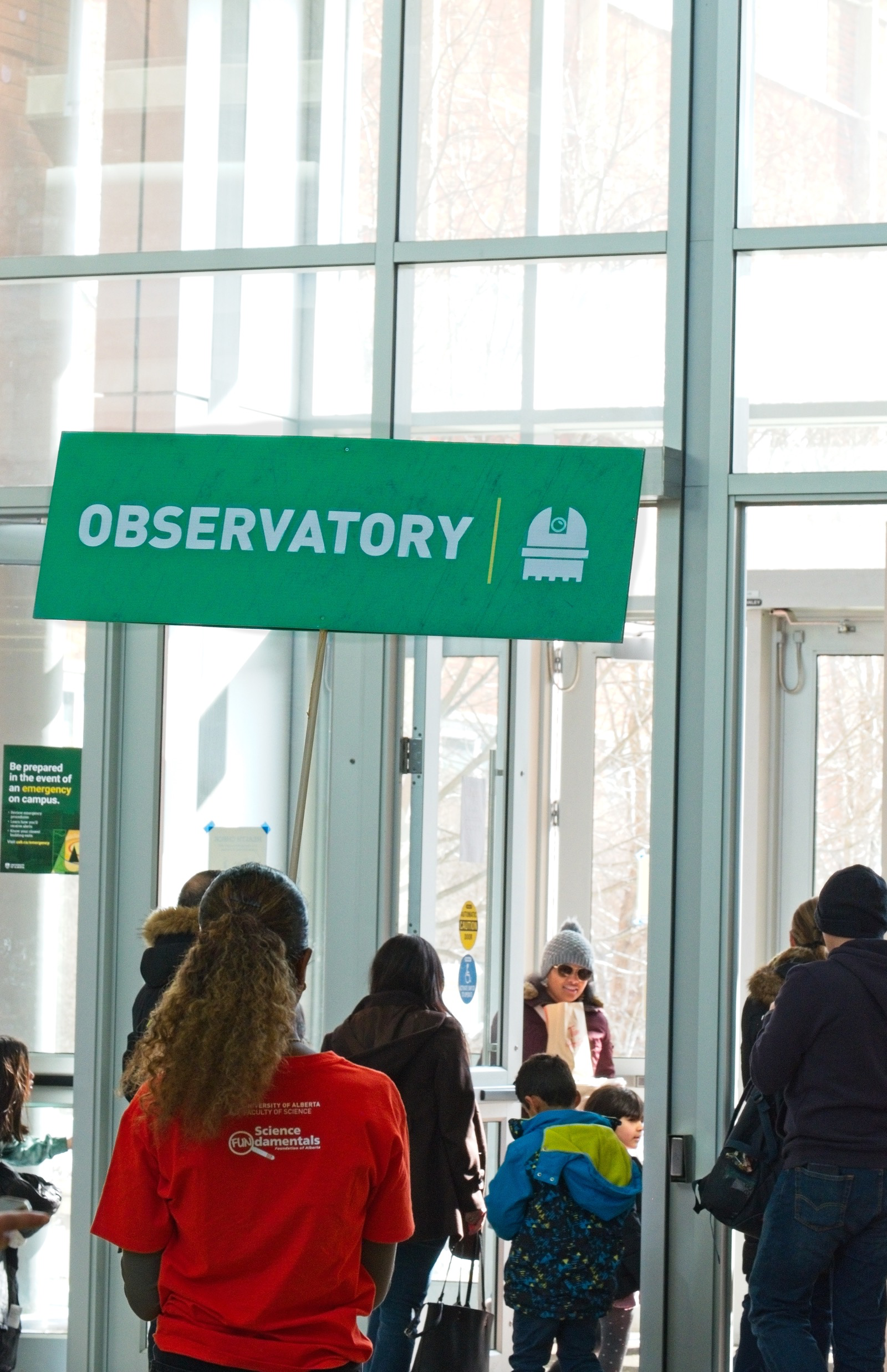 Tours of the U of A’s excellent facilities are a key part of FUNday activities and a crowd favourite, being fully booked by noon. Here, a student volunteer leads a group on a tour to the U of A Observatory.