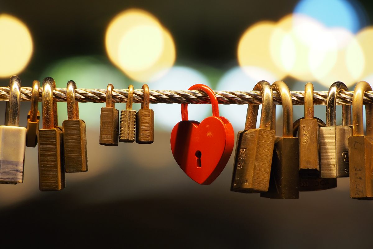 Padlocks, including one in the shape of a heart.