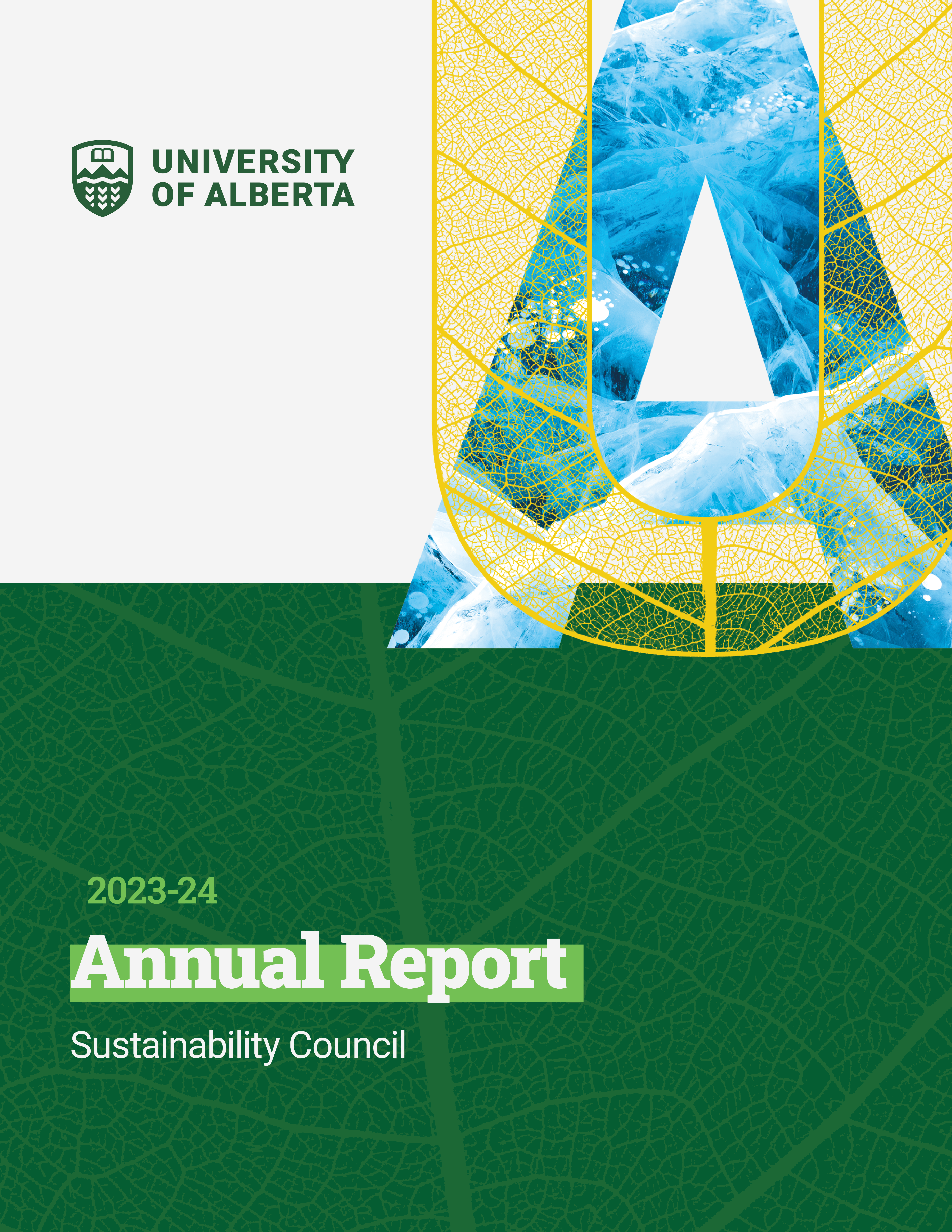 Cover of publication reads 2023-24 Annual Report Sustainability Council which includes the UA graphic and a green background with leaf patterns