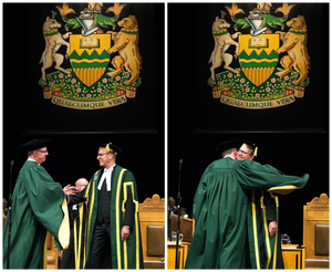 President David Turpin congratulates Chancellor Doug Stollery at the University of Alberta