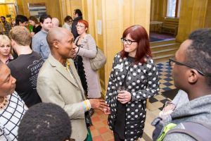 Alphonse Ndem Ahola, UAlberta 2016 3MT Finalist, chats with Faculty of Graduate Studies and Research Dean Heather Zwicker 