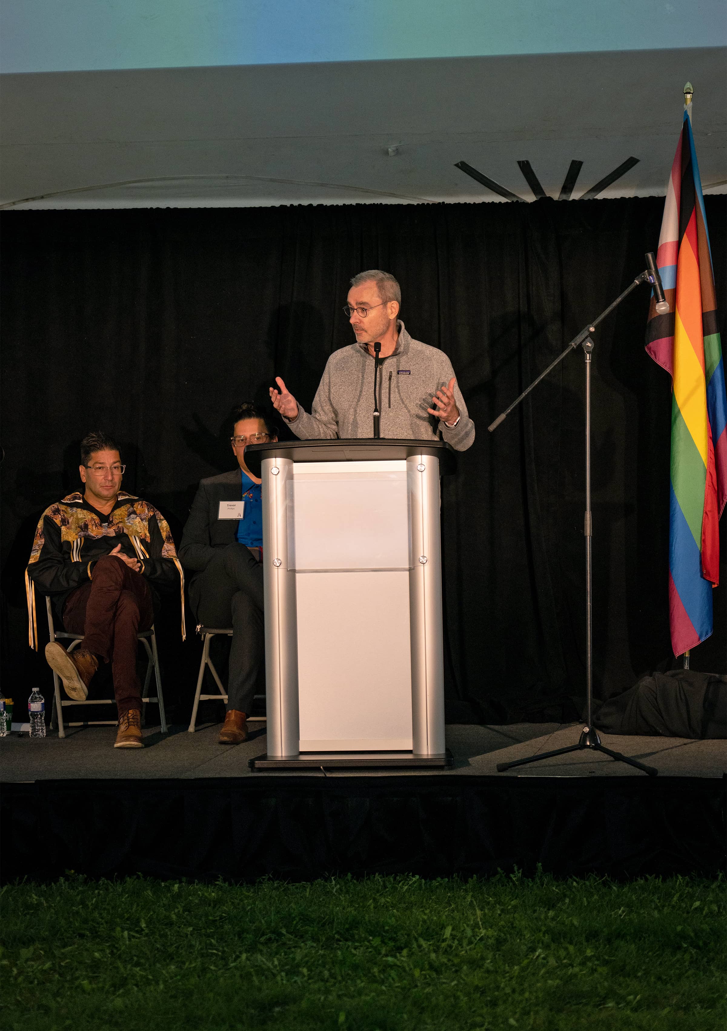 President Bill Flanagan with emcees Sean Lessard and Trevor Phillips.