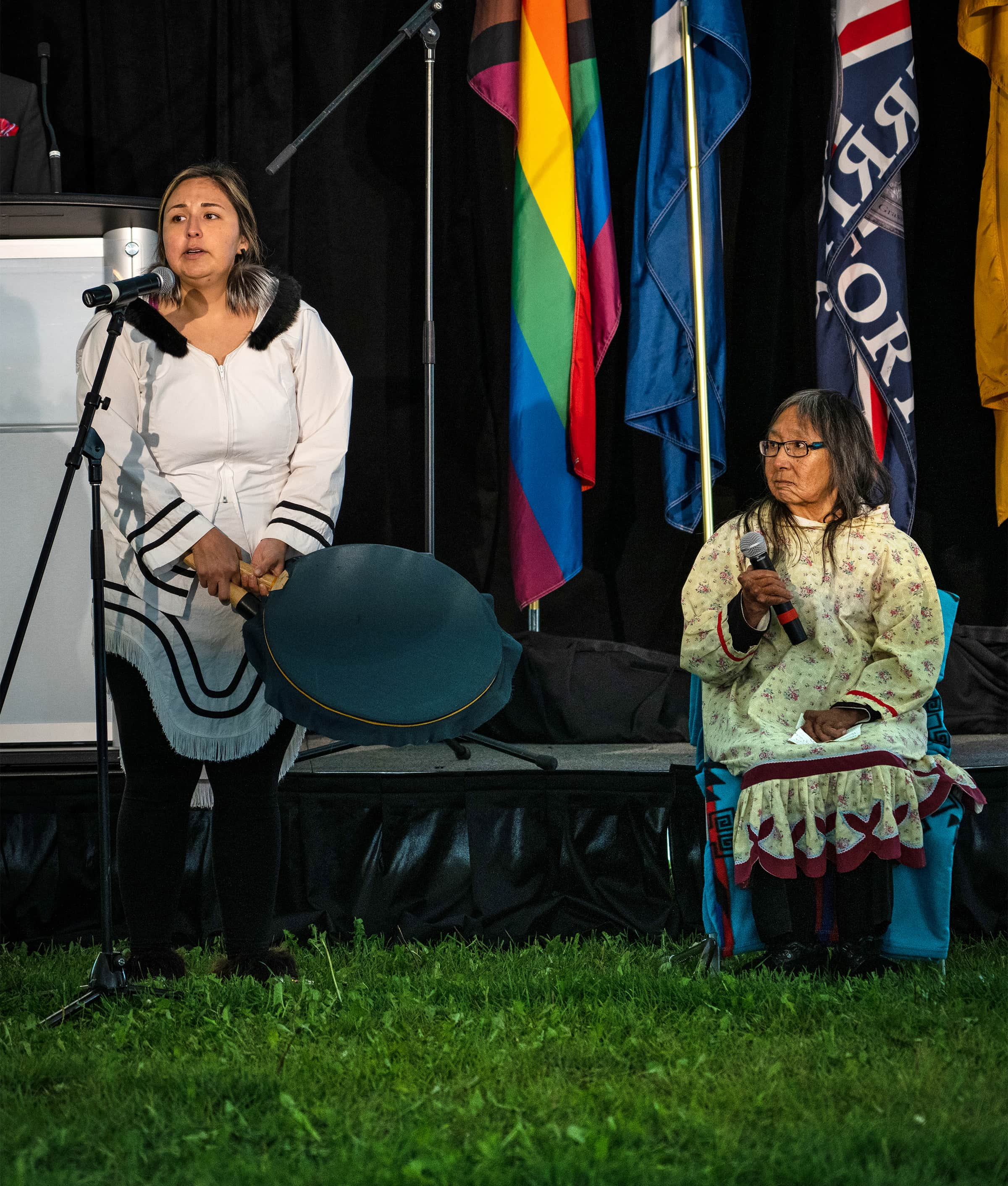 Daughter and mother Inuit dance drum and singing duo Jaynine McCrae and Connie Kanayok McCrae.