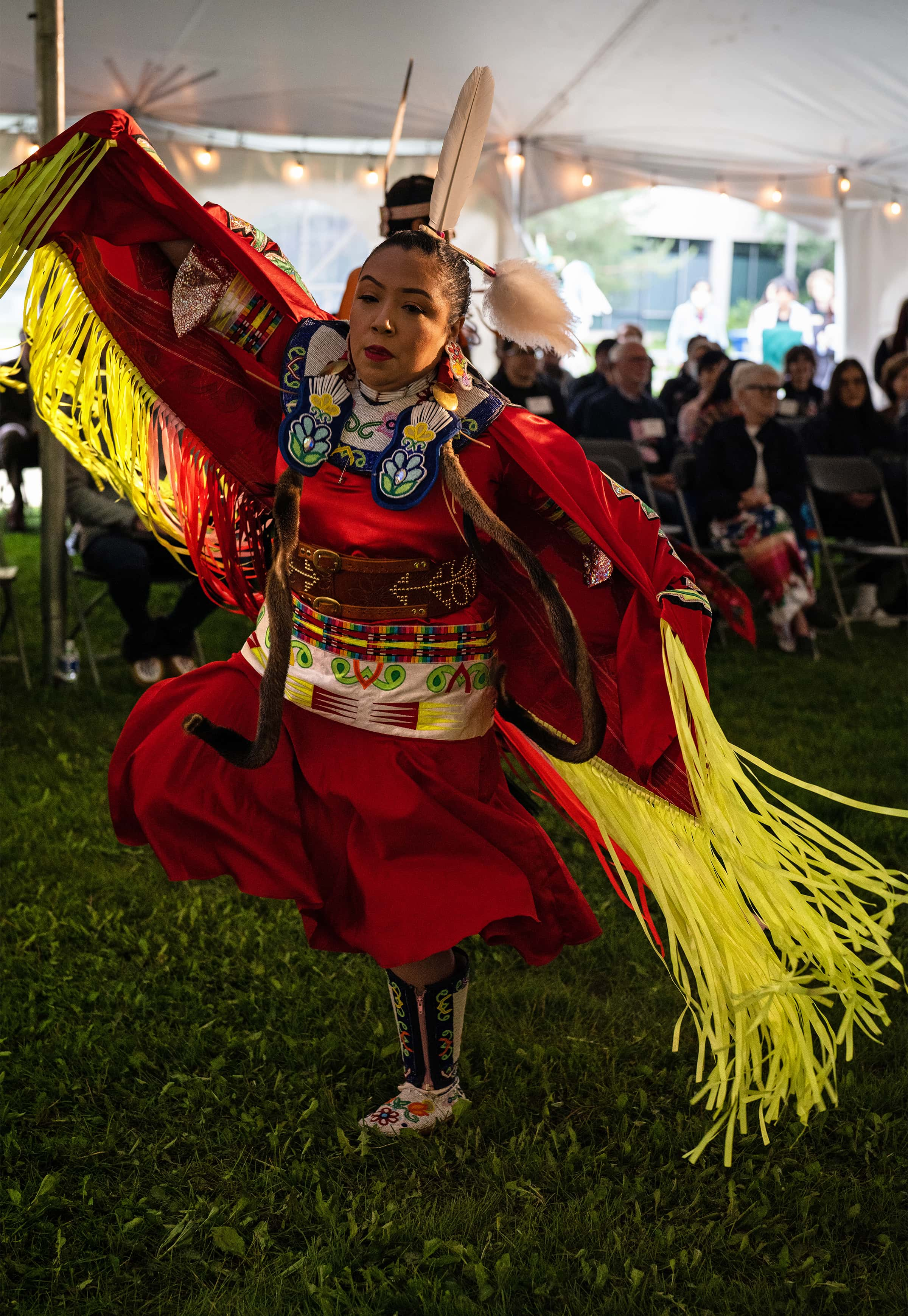 Womens Fancy Shawl Dancer and Faculty of Native Studies alumna, Danni Okemaw.