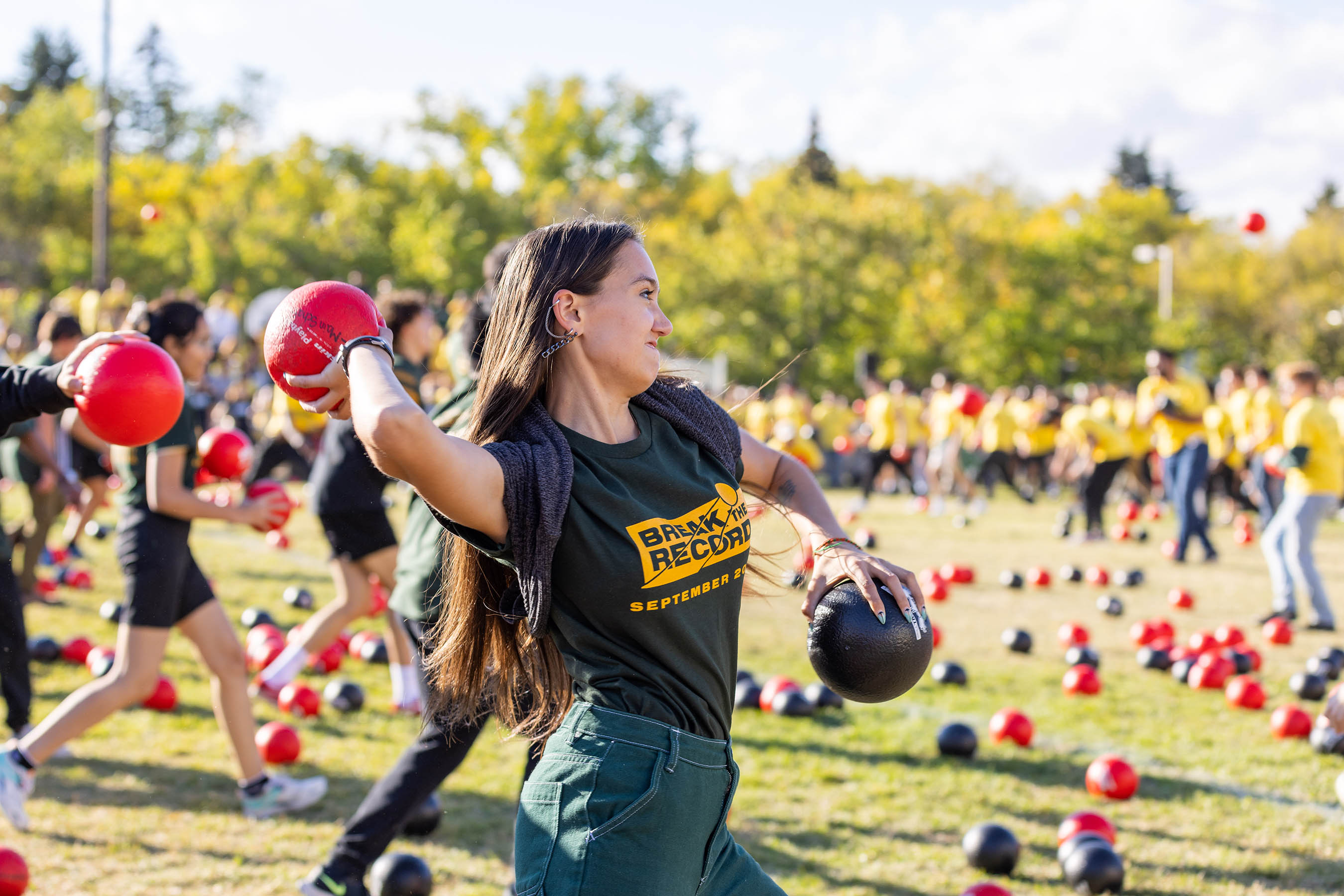 Participants attempt to break the record for most participants in a dodgeball game