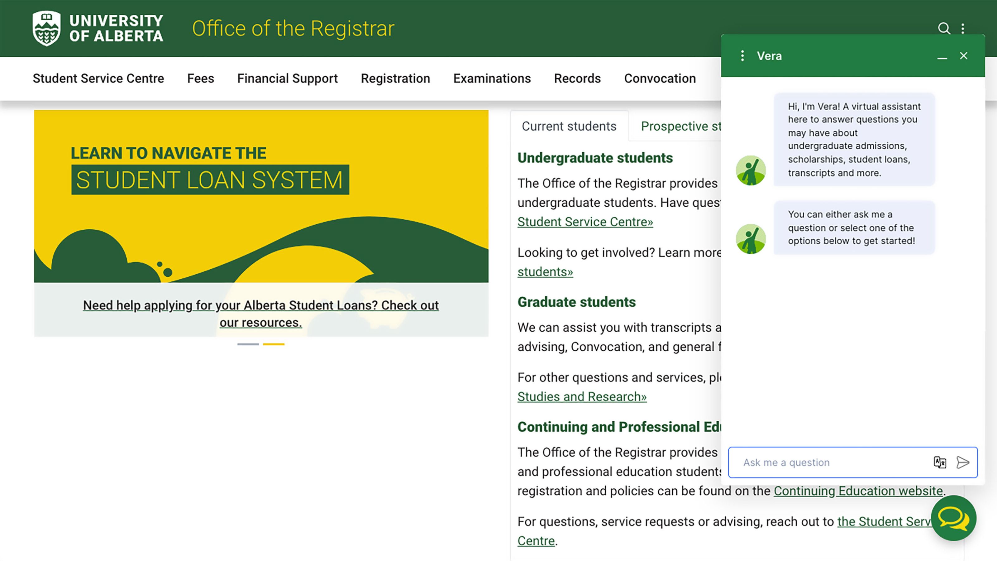 Screenshot of a chat with Vera, the virtual assistant on the Office of the Registrar's website