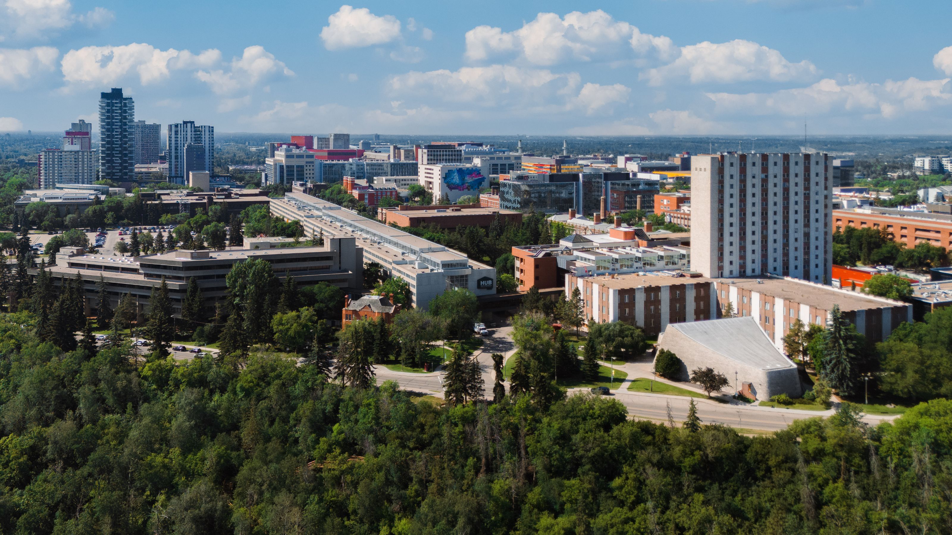 Aerial view of the University of Alberta North Campus in summer