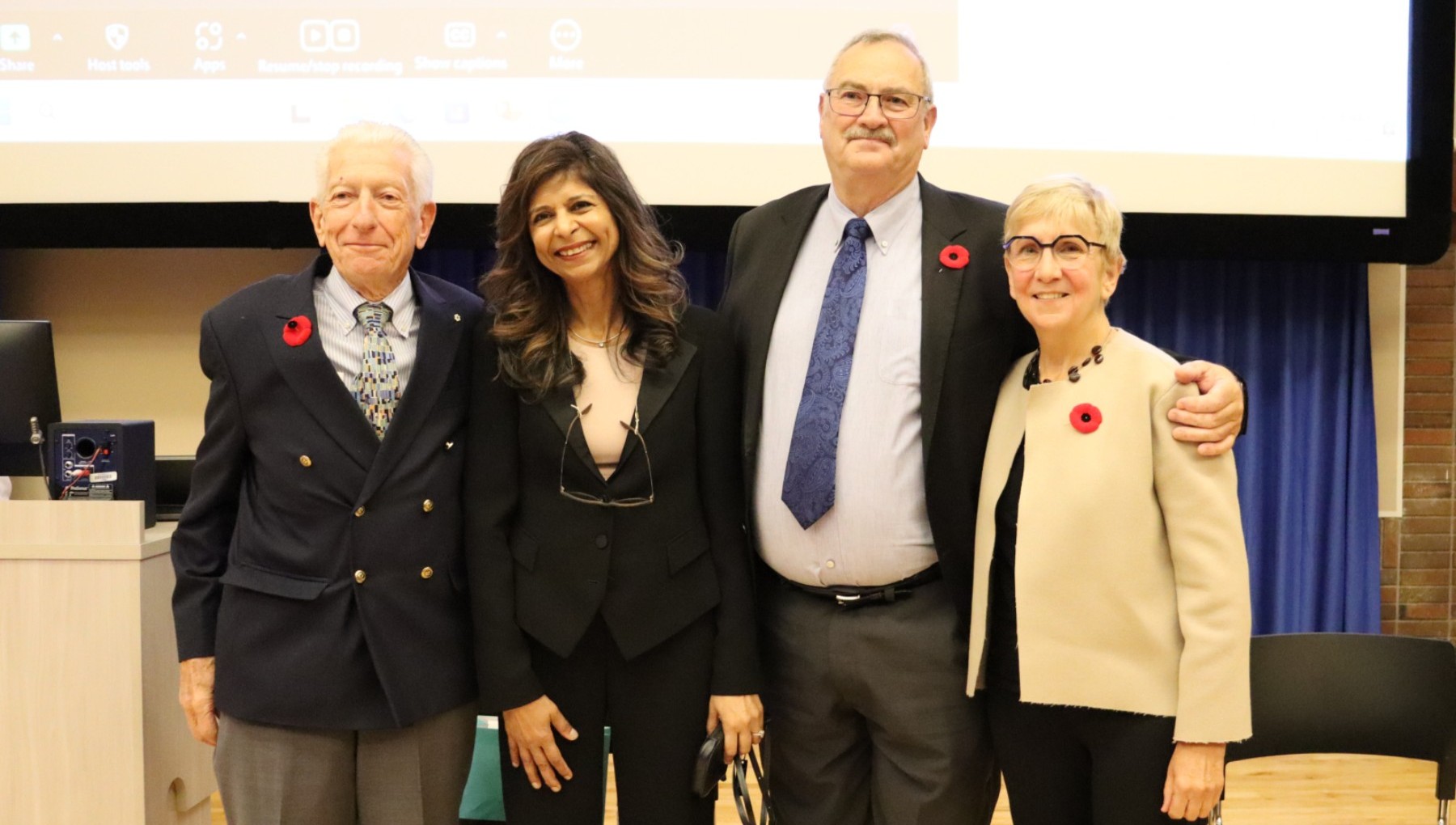 Department of Medicine chair, Narmin Kassam, with former department chair panelists, Paul Armstrong (1993-99), Jonathan Meddings (2004-09), and Barbara Ballermann (2010-20)