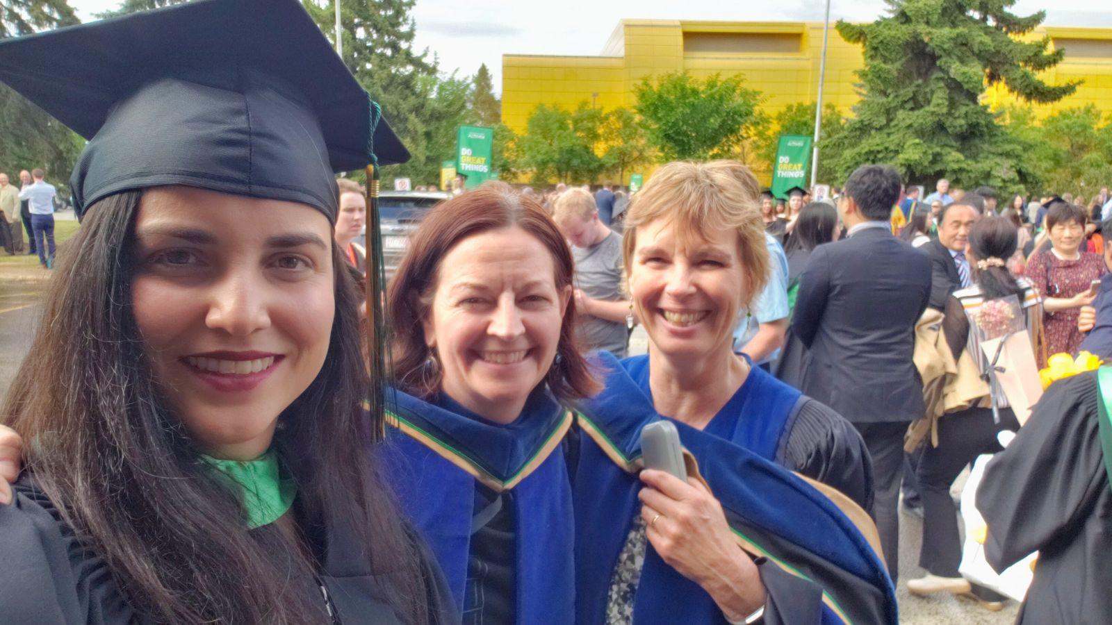 Left to right: Raiany Dias de Andrade Silva, Anne McIntosh and Ellen Macdonald, pictured celebrating Raiany’s master's convocation. 