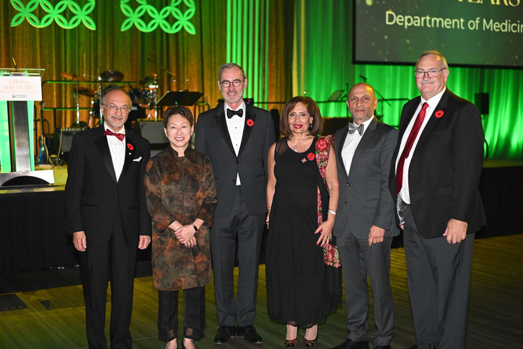 Zaheer Lakhani, provost and vice-president (Academic) Verna Yiu, University of Alberta president Bill Flanagan, lieutenant governor Salma Lakhani, chancellor Nizar Somji, former Department of Medicine chair, Jonathan Meddings. 