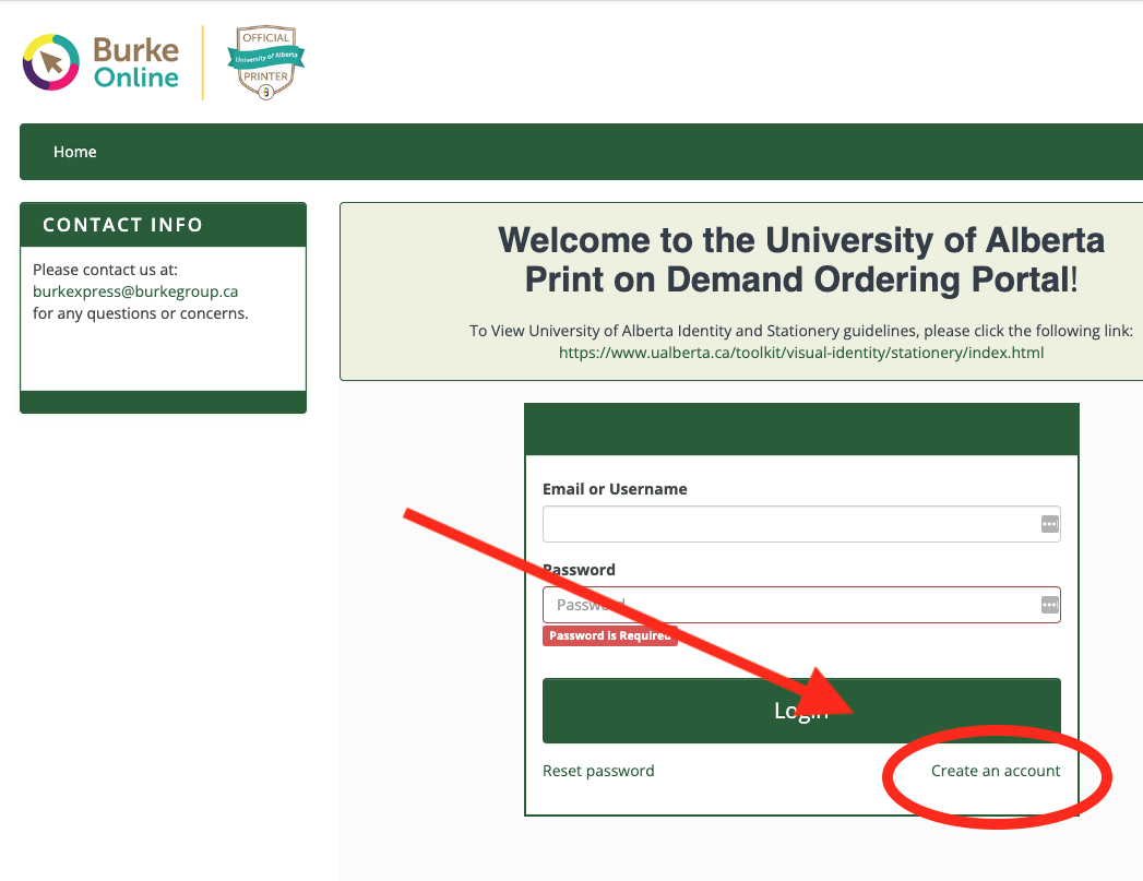 screen capture of Burke Online login page pointing at "Create an account" under Login button