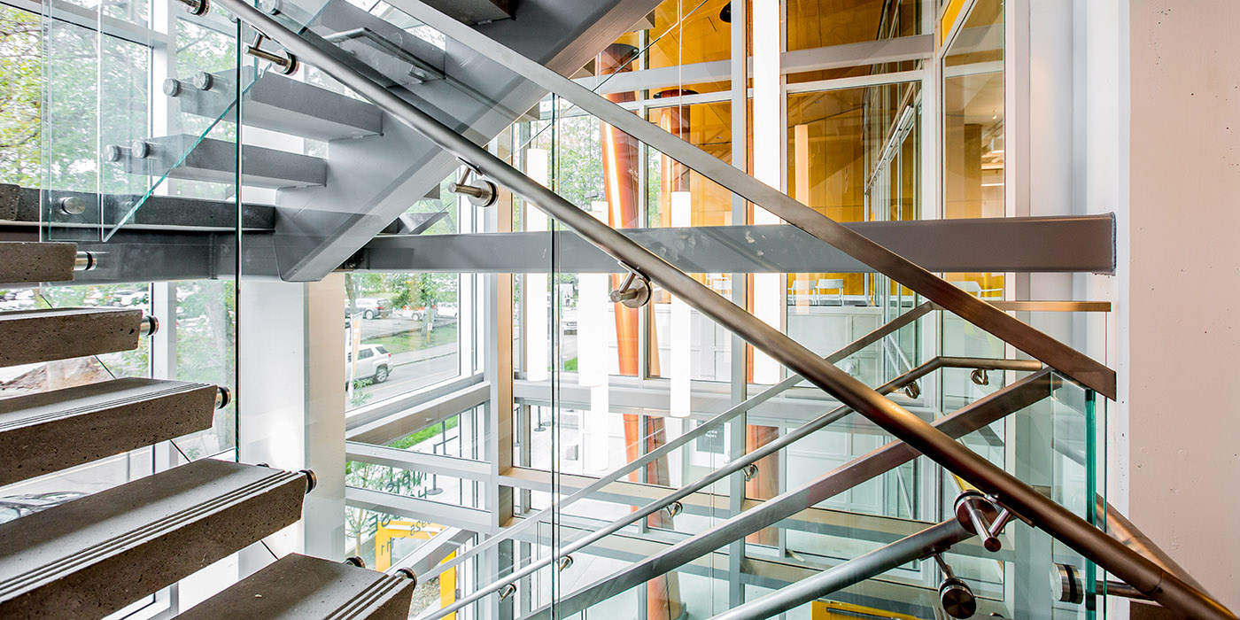 Series of stairs in a glass building