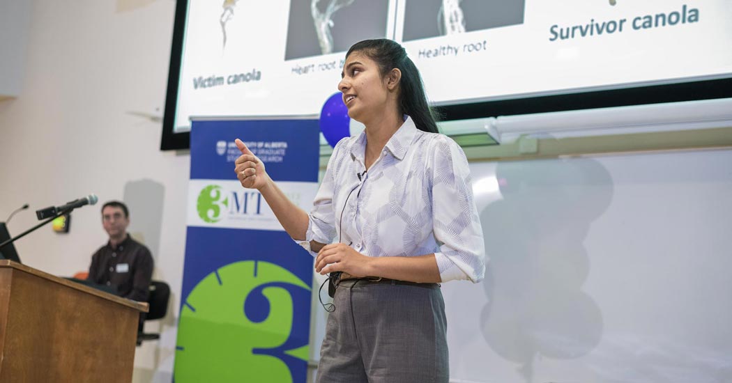 Student presenting at a 3MT competition