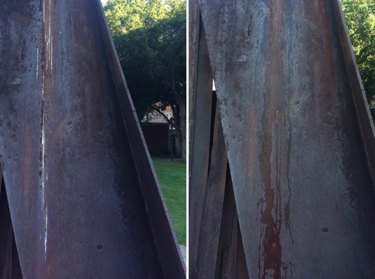 A sculpture pictured with white bird droppings next to a the same, cleaned sculpture