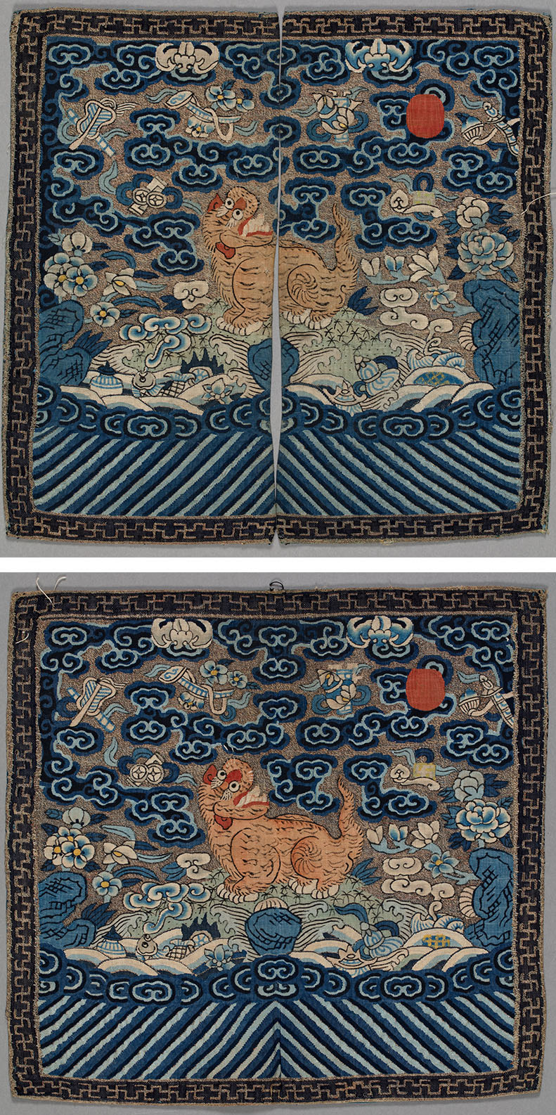 Two square textiles showing the same image of a tiger on a hill looking over his shoulder at the sun in the top right corner of the textile. One square textile has a slit up the centre dividing the textile into two parts.