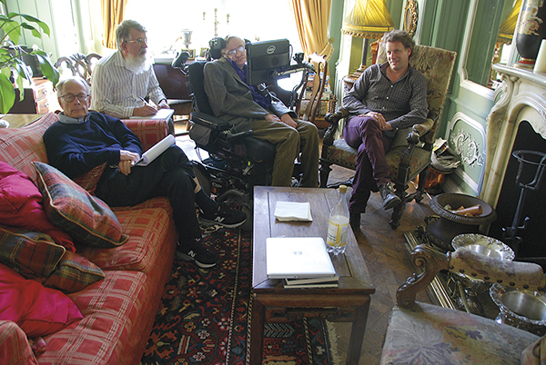 David Page (second from left) meets with fellow physicists (from left) James Hartle, Stephen Hawking and Thomas Hertog in April 2014