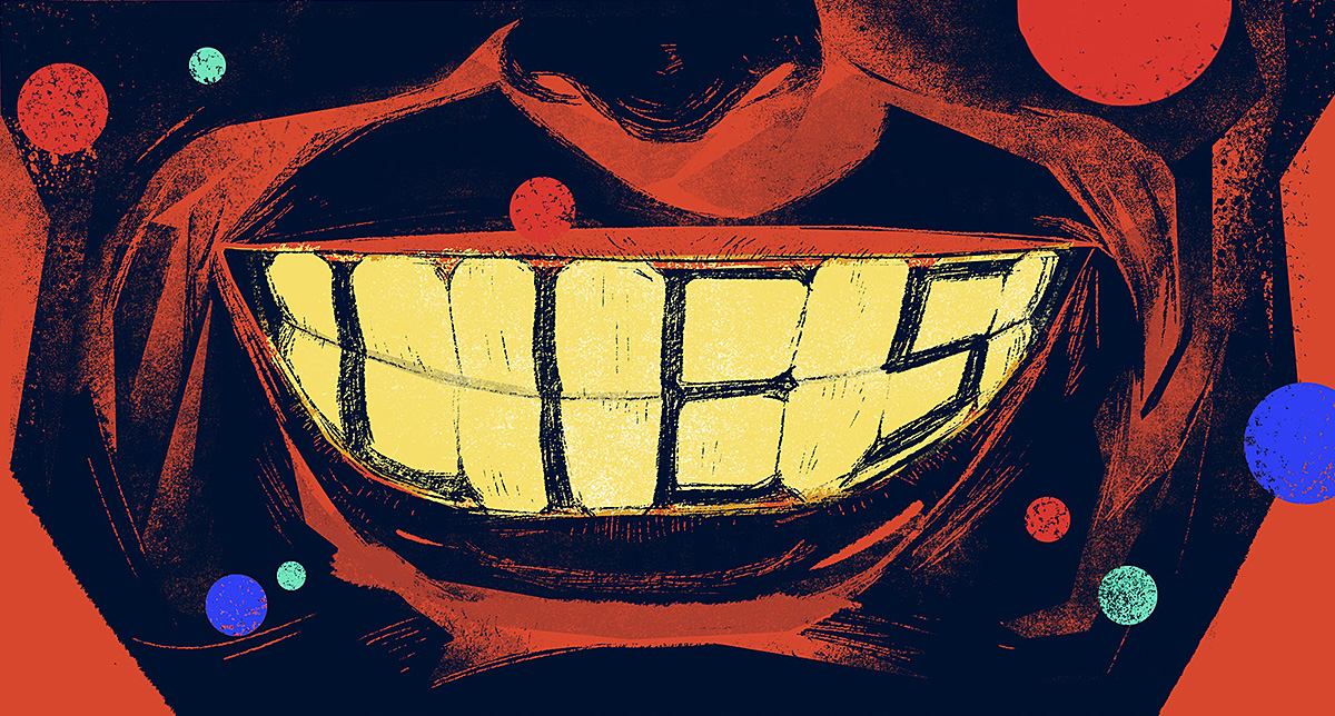 Illustration of a smile with the word "lies" in between the teeth