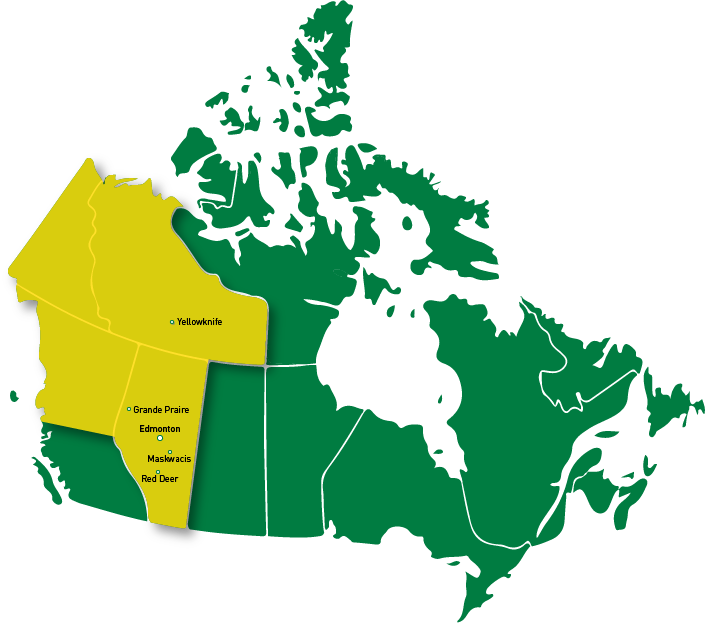 Map of Canada highlighting Northwest Territories, Yukon, Alberta, and the northern half of British Columbia. Yellowknife, Grande Prairies, Edmonton, Maskwacis, and Red Deer are indicated specifically.