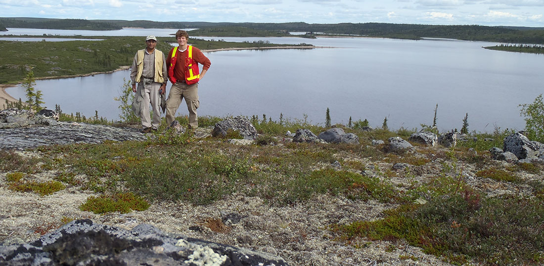  Jesse Reimink (R) and Tom Chacko (L) in the Northwest Territories, roughly 300km North of Yellowknife near the field locality of one of the world's oldest rock formations.